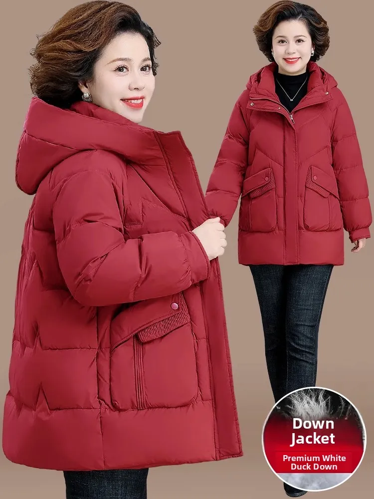 

Thiened down Jaet Mid-Length Fce Lined Winter Coat for Middle-Aged Women Faionable Pure Color Zipper Closure Casual ...