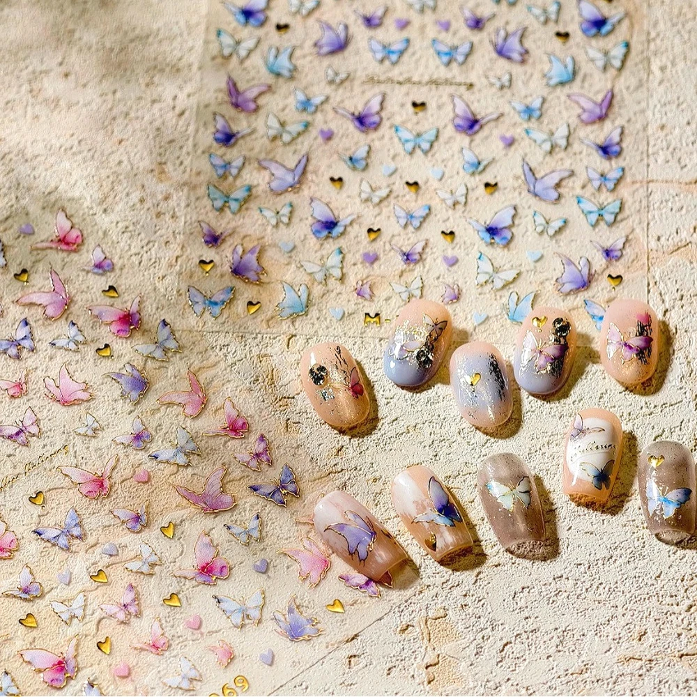 

Blue Purple Pink Gold Stamped Love Heart Butterfly 3D Self Adhesive Nail Art Sticker Polarized Illusion Colorful Manicure Decals