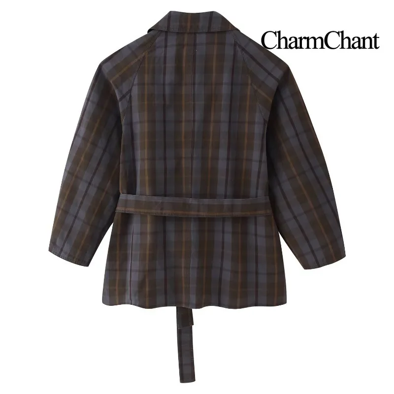 CHARMCHANT Women's Plaid Trench Coat Belted Notch Collar Vintage Checked Long Sleeve Wrap Casual Windbreaker Coat Autumn 2026