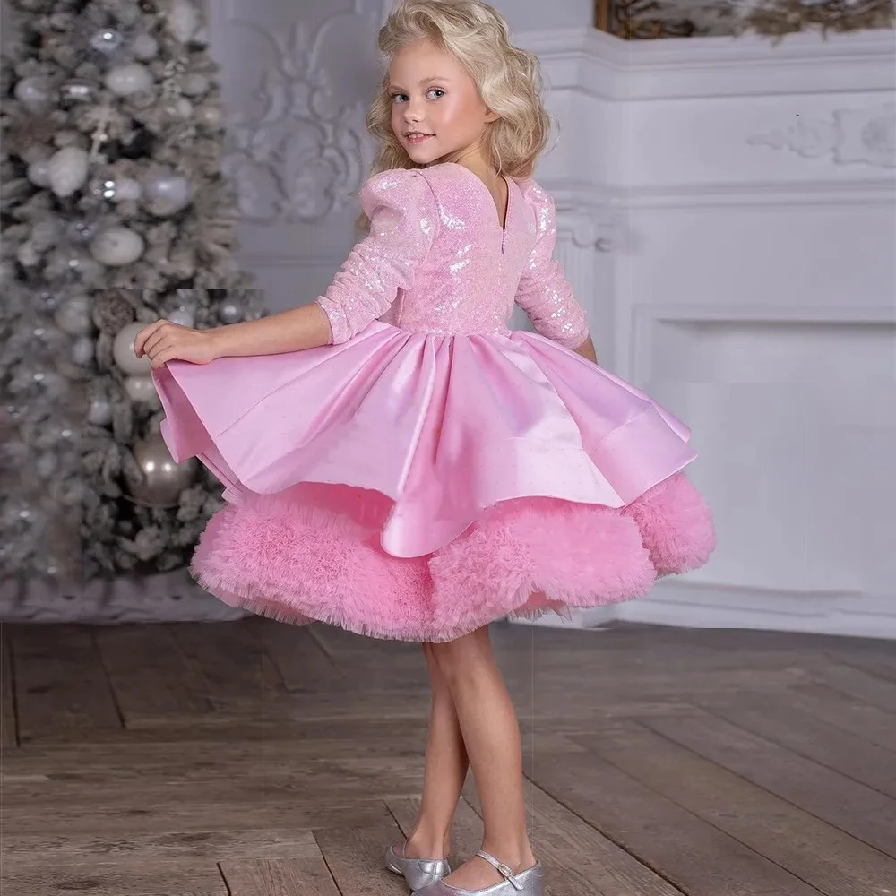 Shiny Pink Flower Girl Dress Half Sleeve Tiered Tulle Birthday Party Wedding Dress Satin Baby Kids Pageant Communion Ball Gown