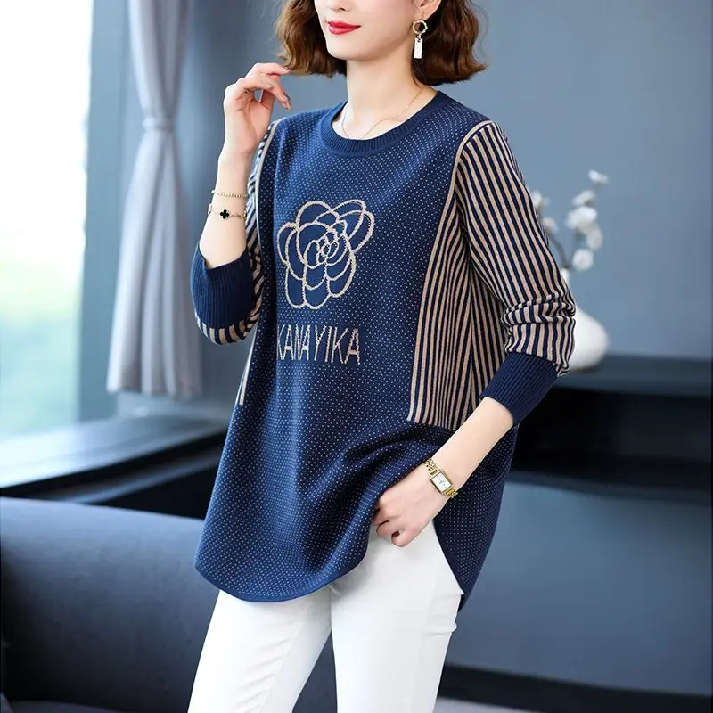เสื้อสเวตเตอร์แบบสวมหัวโอเวอร์ไซส์สำหรับผู้หญิงเสื้อถักคอกลมพิมพ์ลายผ้าบางทรงหลวม2023ฤดูใบไม้ร่วงแฟชั่นใหม่