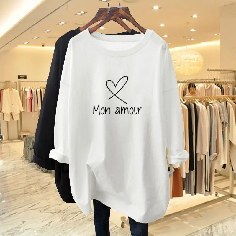 Spring Autumn Chic Letter Long Sleeve T-shirt Women Clothing Casual Loose Pure Cotton Basic Top Tee Fashion Pullover 35-100Kg