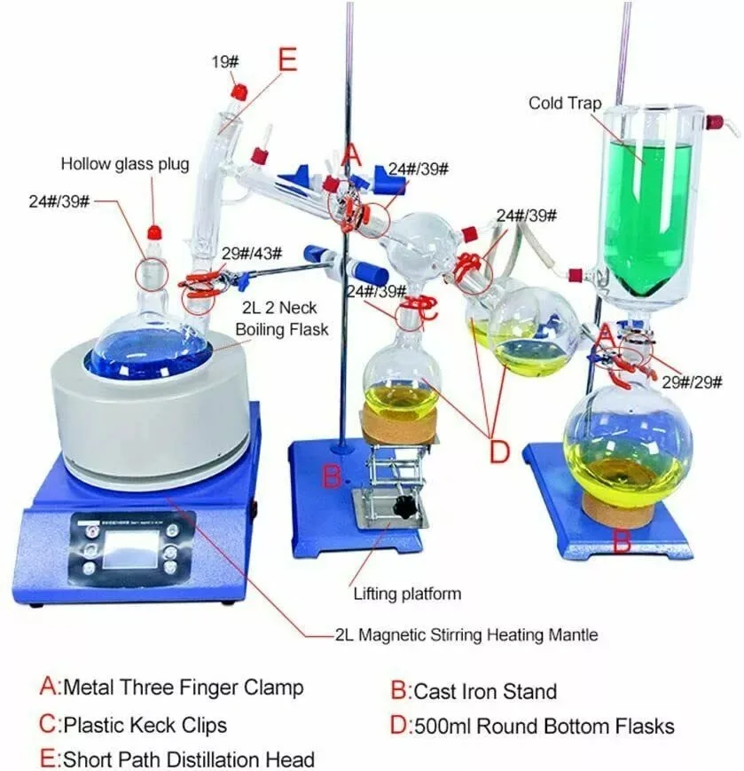 2L Short Path Distillation Kit with Cooling Chiller, Heating Mantle, Vacuum Pump
