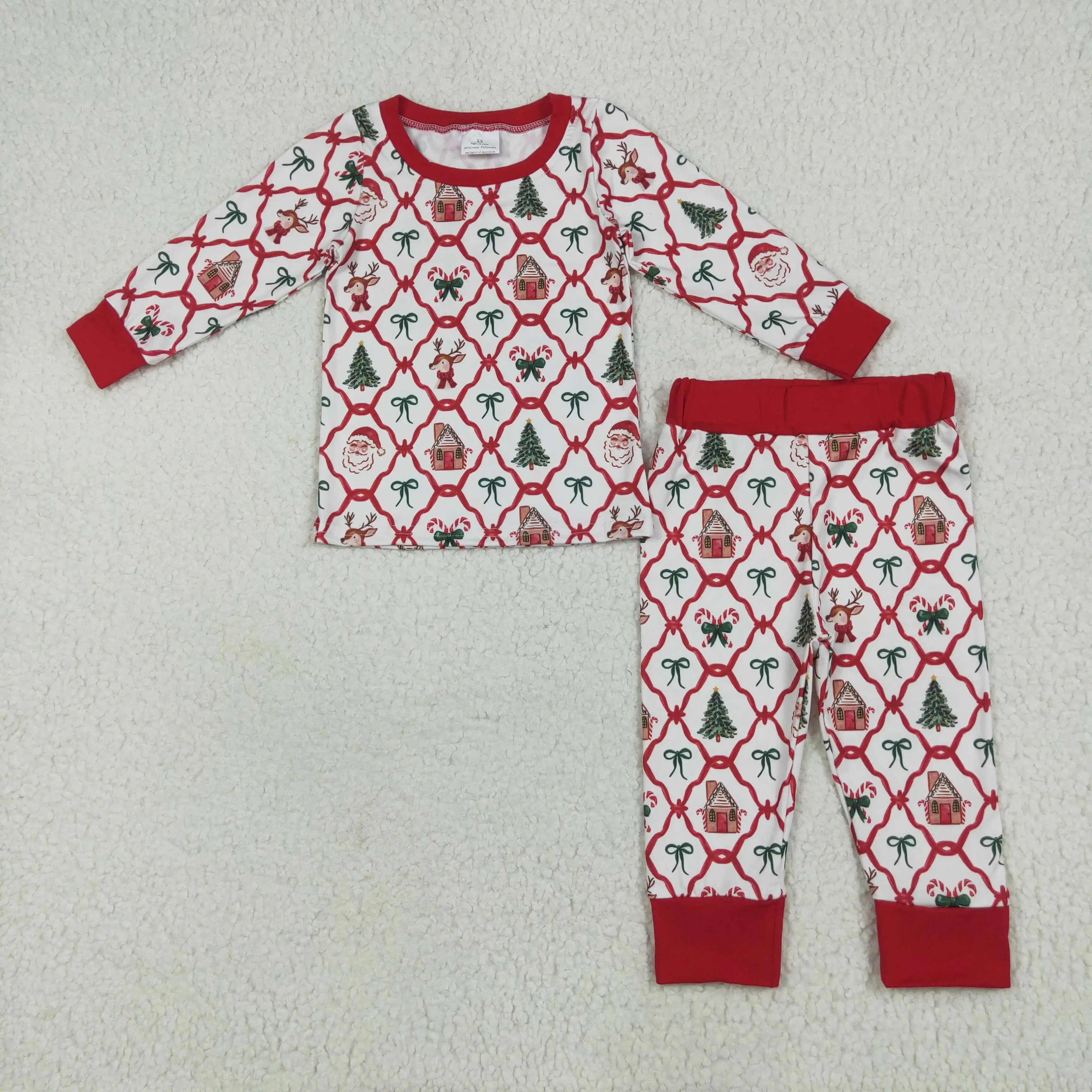 

New stock baby girls clothing wholesale boutique Christmas elk bow pattern long sleeve long pants pajama set