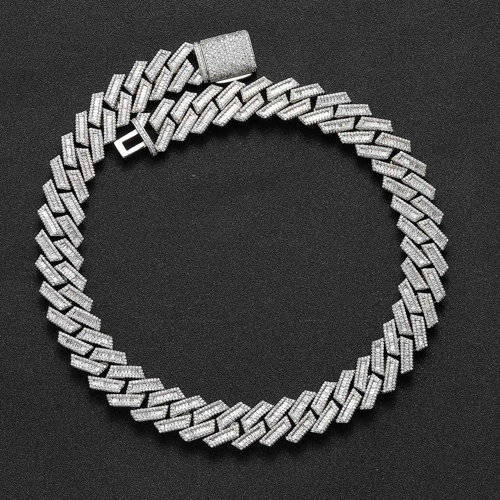Hip NUOYA Hop Jewelry Iced Out 18MM 925 Sterling Silver Prong Chain Necklace Bling Moissanite Cuban Link Chain for Men Women.