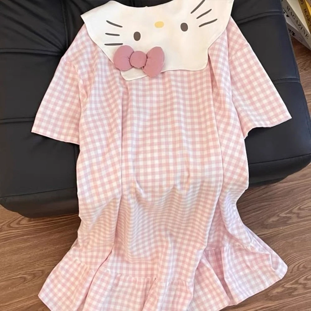 

2026 New Kawaii Hello Kitty Women's Sleepwear Sweet Cute Pink Peter Pan Neck Sleepwear Sweet Ruffle Casual Fashion Dress Gift
