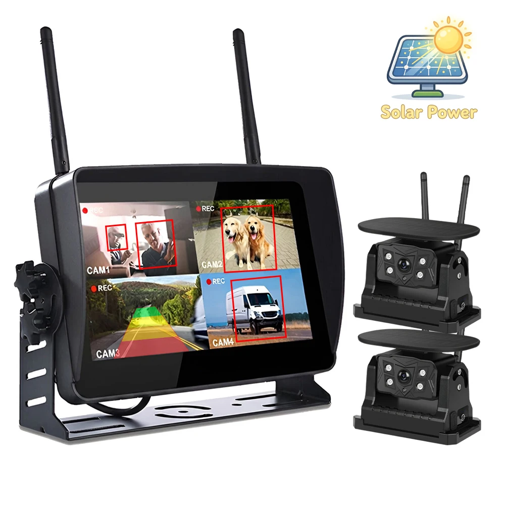 7 Inch 4 Channel Solar Wireless Rear View Backup Camera System Touch Screen DVR BSD Alarm for Truck RV Semi Van Trailer Camper