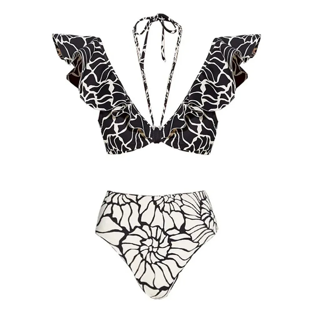 One-piece Women Swimwear Double Sided Ruffle Edge Print print Swimsuit Bikini Set Beach Vacation  Style Wear Maxi Dress Skirt