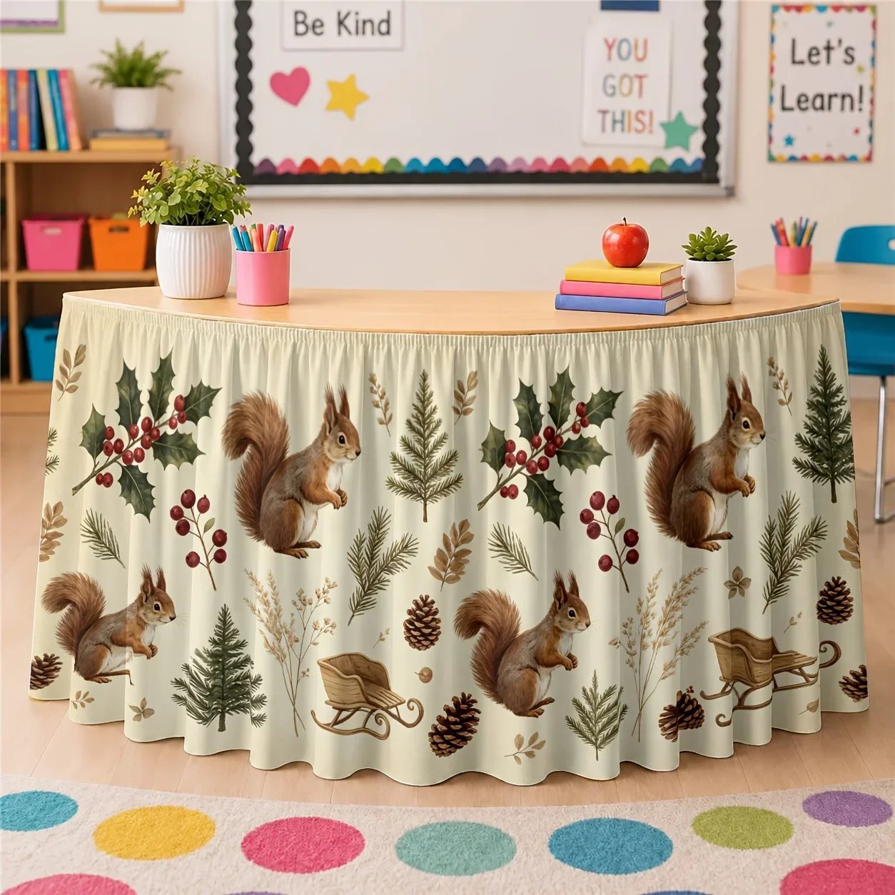Table skirt / tableskirt - Winter - Forest - Squirrel - Berry - Pine needle - Sleigh - Festival