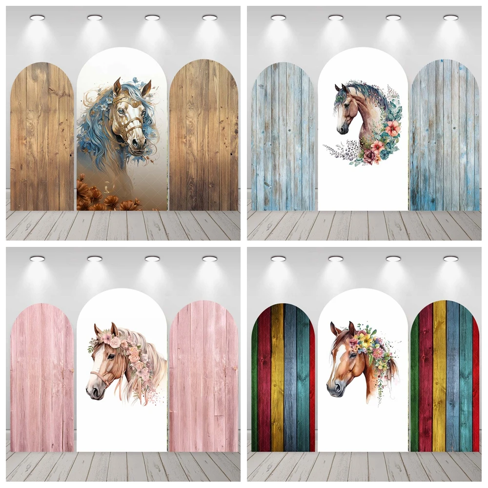Cavallo Tavola di legno Texture Arco Sfondo Personalizzato Baby Shower Decor Copertura ad arco Ritratto Fotografia Sfondo Studio fotografico Prop