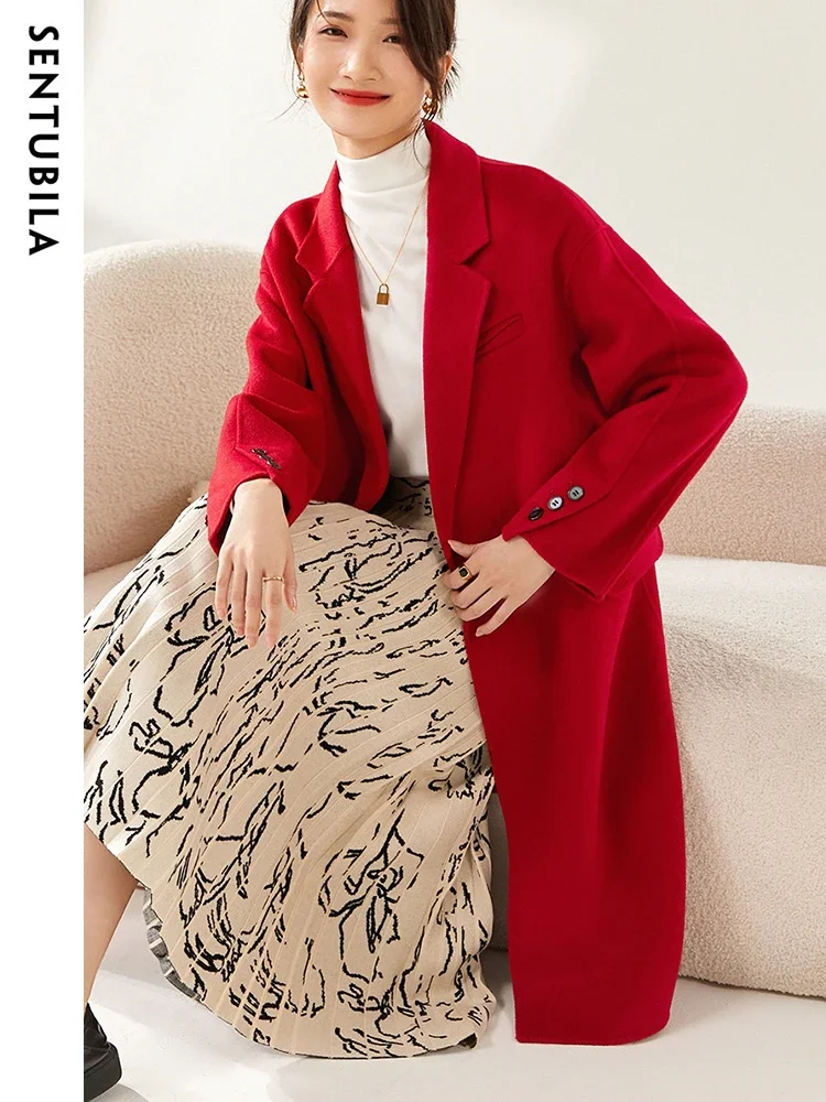 

SENTUBILA Women Winter Wool Long Coat 2025 Fashion Elegant Warm Overcoat Female Single Breasted Outerwear Office Lady W24O42059