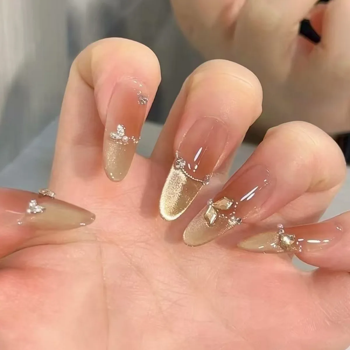 24Pcs Blusher Cat's Eye French Fake Nail Tips with Almond Head Long Press on Nails Full Cover Diamond False Detachable Nails Art