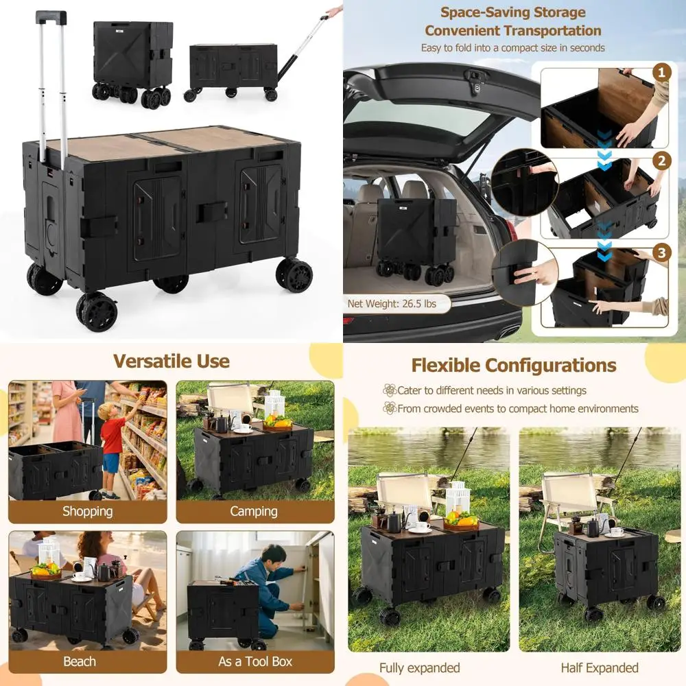 

Expandable Rolling Utility Cart with Two-Tier Storage, 5 Swivel Wheels, Metal Handle, Portable Trolley