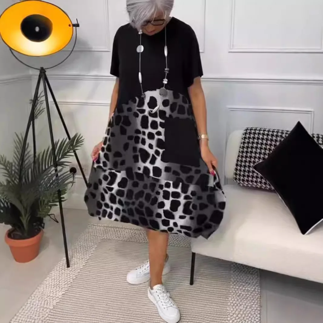 Модное женское платье миди с круглым вырезом и коротким рукавом с леопардовым принтом, лето 2022, черные повседневные платья трапециевидной формы для женщин, халат Femme