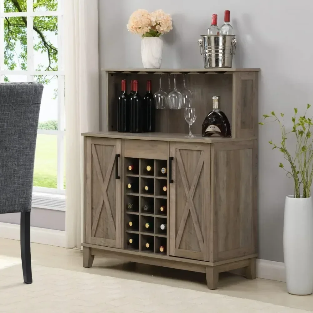 Bar Cabinet With Wine Rack And Glass Doors (Grey Wash- Solid)|