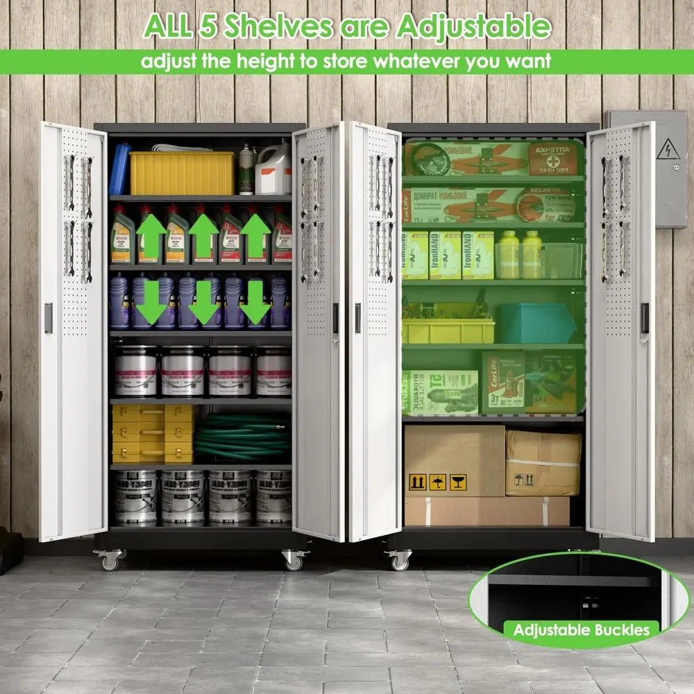 Adjustable Shelves Metal Garage Storage Cabinet with Wheels, 71 Tall, Lockable Doors, and Pegboard for Garage Organization
