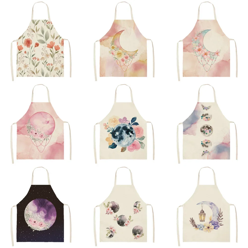 1 Pcs Moon Kitchen Aprons for Women Cotton Linen Bibs Household Cleaning Pinafore Home Cooking Apron 55x68cm