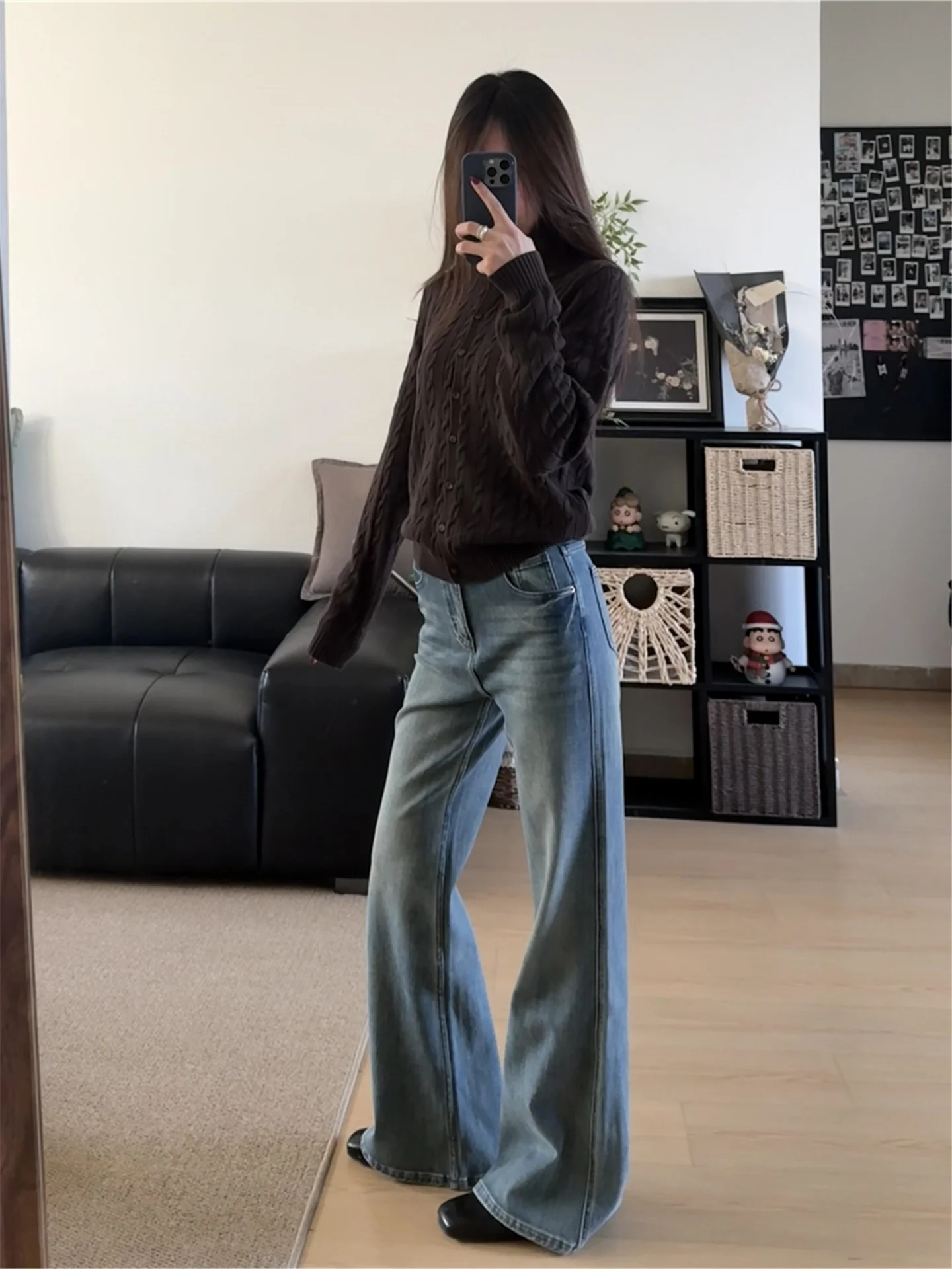 

Женские джинсы с высокой талией, расклешенные, винтажные, свободного кроя, длиной в пол, из хлопкового денима, весенние, с эффектом похудения