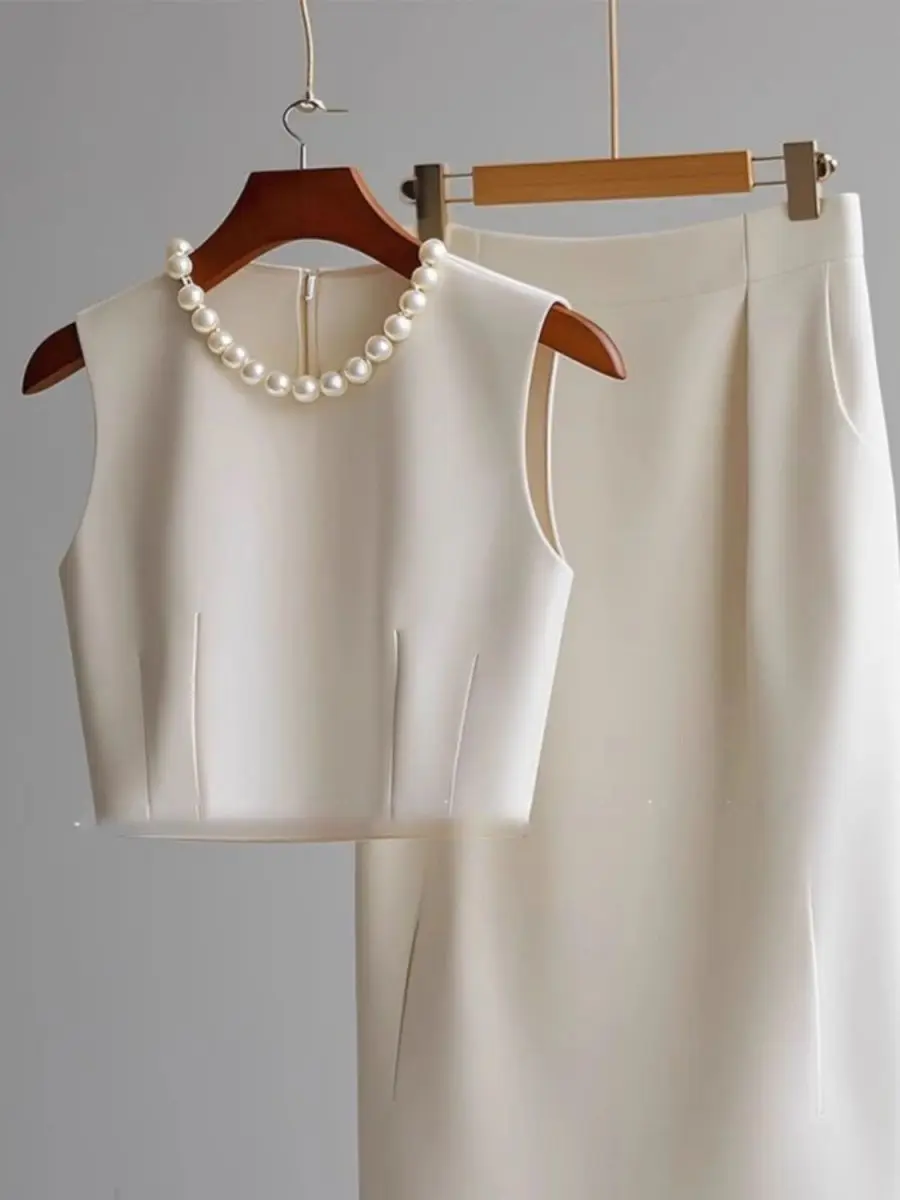 New Elegant Fashion 3D Beading Women's Two Piece Set Temperament O-neck Sleeveless Vest Crop Top + High Waist Bodycon Skirt Suit image 3