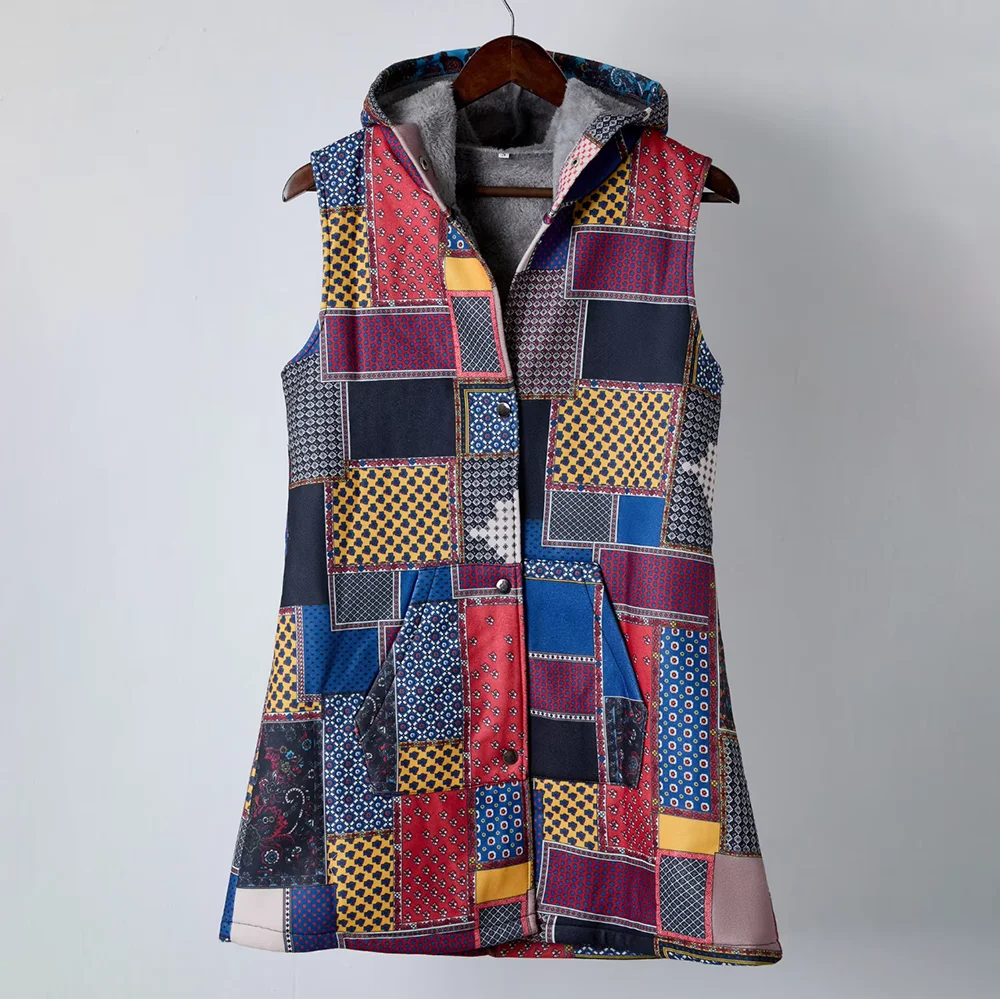 European And American Style Patchwork Pattern Hooded Vest, Lined With Fleece, Sleeveless Long Women's Top