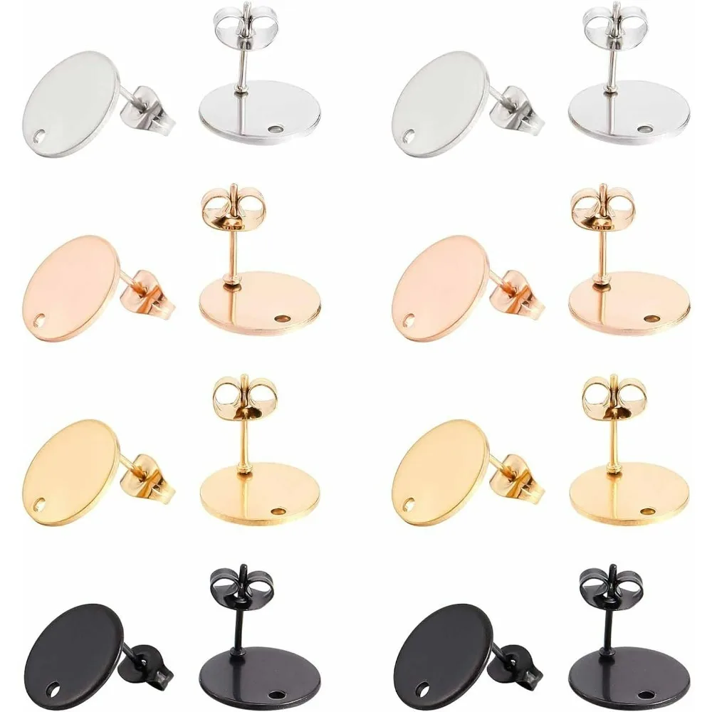 1 Box 32Pcs 4 Colors Flat Round Earring Posts Stainless Steel Earring Post Ear Stud with Loop Blank Metal Earring Studs Ear Nuts