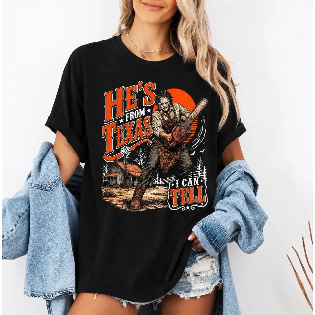 Comfort Model He'S From Texas I Can Tell Shirt, Chainsaw Horror Shirt, Halloween Slasher Tee, Spooky Graphic T-Shirt