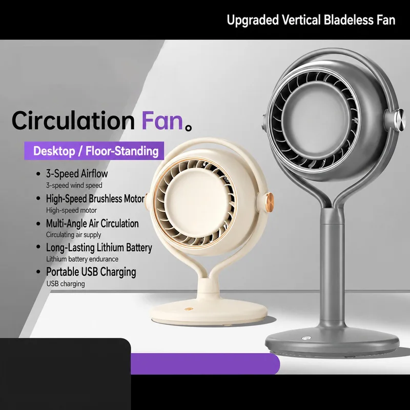 USB Desktop Fan Bladeless Quiet Rechargeable 1800mAh 3 Speeds Type-C Home Cooling Fan Natural Air Circulation Easy Charge