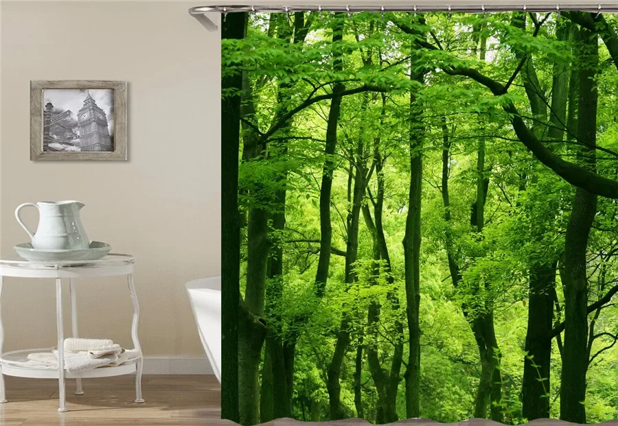 Birch Trees Forest landscape Shower Curtain Waterproof Fabric Bathroom Curtains Natural Scenery Bath Screen with 12 Hooks