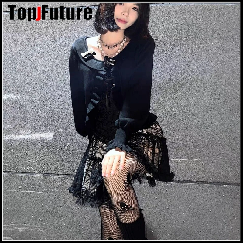 Spice Mädchen Y2K Gothic Schwarz Mesh Röcke Punk Grunge Rock Spinne Web Spitze Mini TUTU Rock Harajuku Streetwear Frauen Röcke