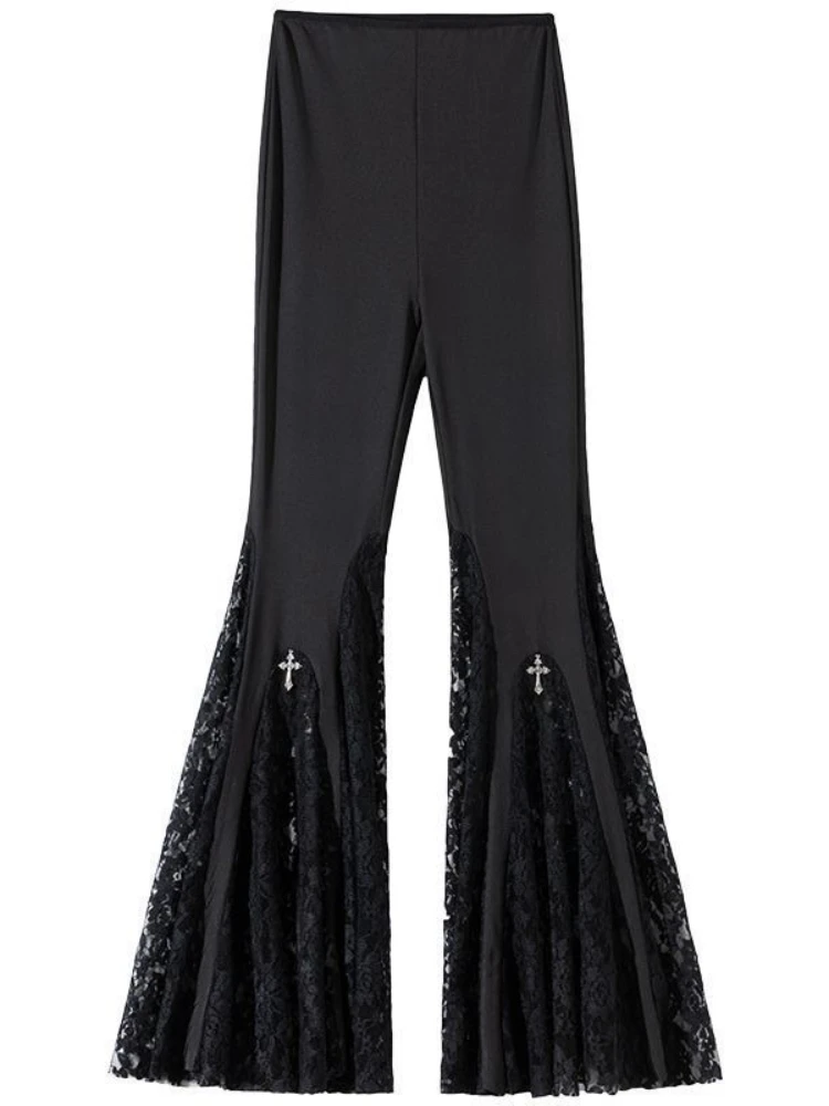 กางเกงแฟชั่นสไตล์ญี่ปุ่นย้อนยุค แต่งผ้าลูกไม้ ทรงบาน เอวสูง ทรงเข้ารูป สไตล์ลำลอง สำหรับผู้หญิง ฤดูใบไม้ผลิ ฤดูใบไม้ร่วง ปี 2025 สวยเก๋ ทันสมัย