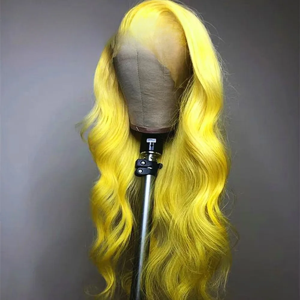 Yellow Body Wave Hd Synthetic Wig Colored Long Wavy Loose Wave 13X4 Lace Front Party Cosplay Wigs Glueless Wear To Go For Women