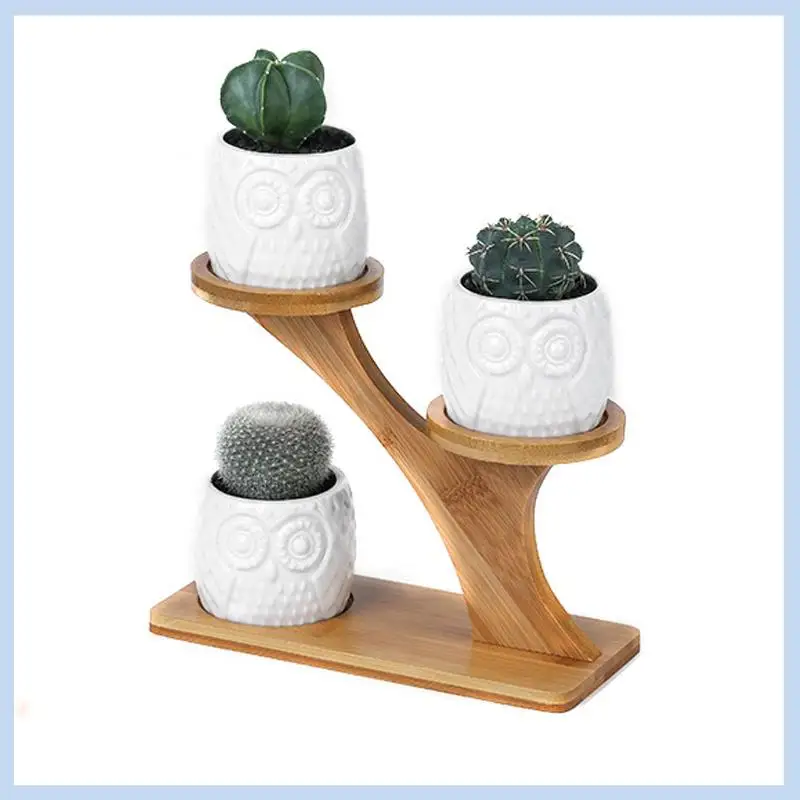 

MLGB- Flower Pots Modern Owl Flower Pots Succulent Flower Pots 3 Potted Flower Pots With 3 Layers Of Bamboo Shelf