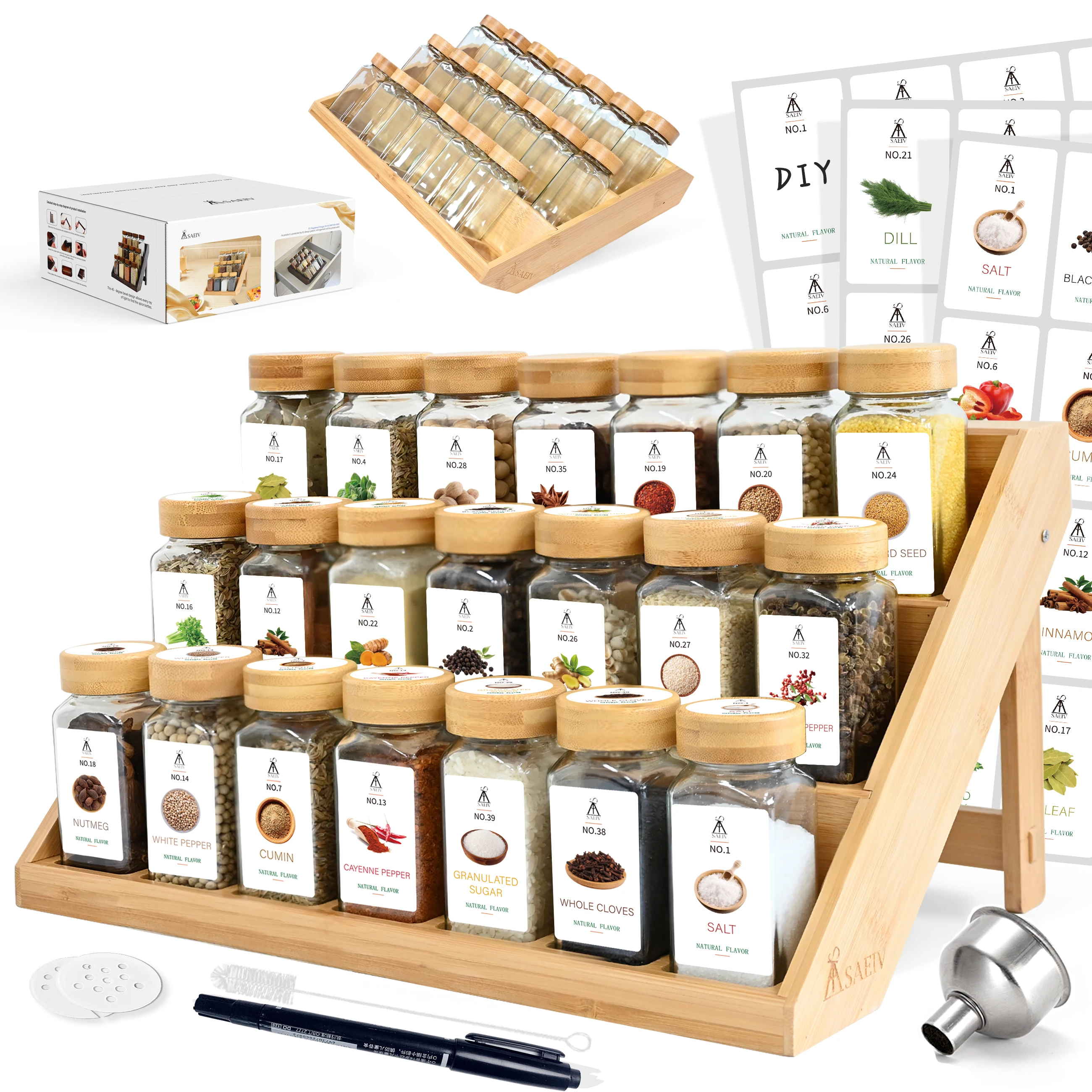 SAEIV Quadratische Gewürzdosen mit 2-in-1 Bambus-Gewürzregal aus Holz - 12/21 Dosen Gewürzset, Gewürzorganisator für Schubladen, BPA-frei