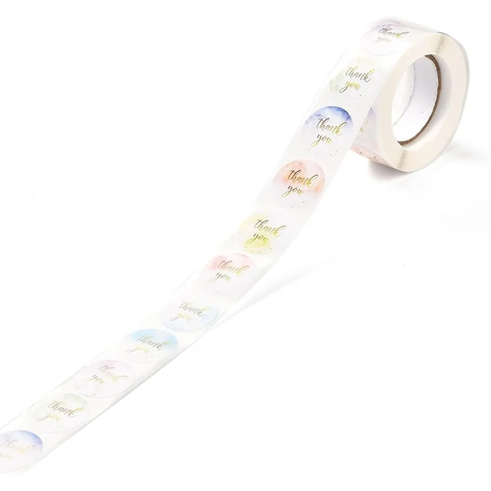 1 Roll 1 Inch Thank You Stickers Self-Adhesive Stickers Roll Sticker Flat Round with Word Thank You for Party Decoration