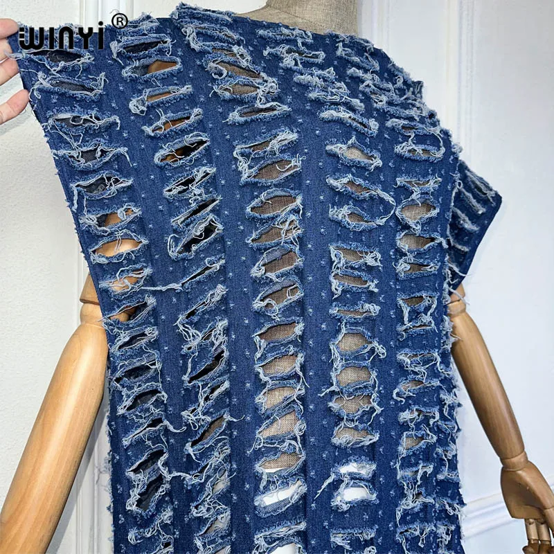 Winyi Originele Denim Sexy Lange Jurk Met Gaten Nieuwe Mode Afrika Womens Party Vakantie Casual Korte Mouw Maxi Strandjurk