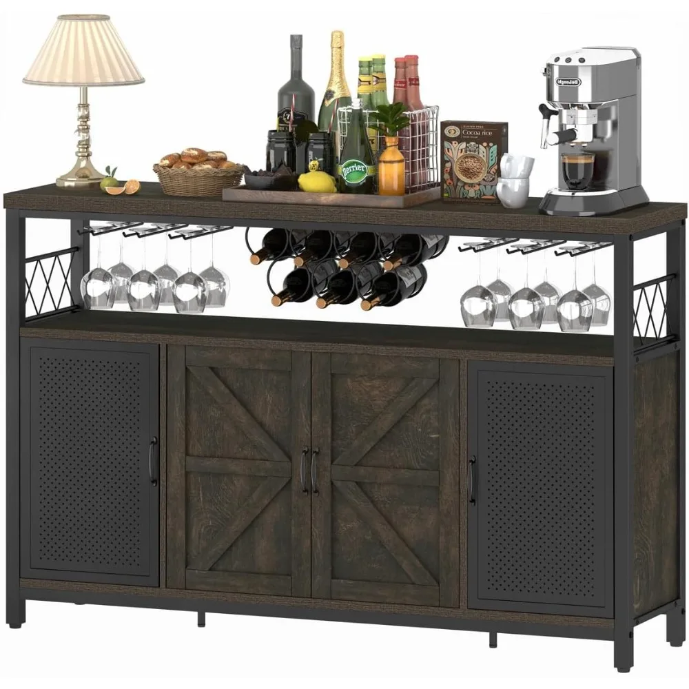 Farmhouse Liquor Cabinet Bar para casa, café grande com armazenamento, aparador buffet rústico com cremalheira do vinho e vidro