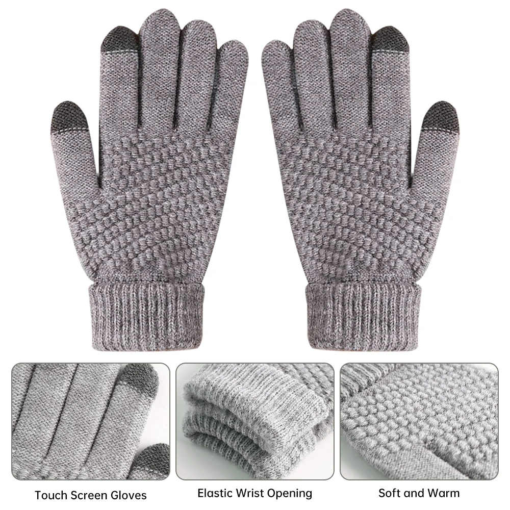 Winter Men Knitted Gloves Warm Full Fingers Touch Screen Anti-Slip Gloves for Cycling Running Driving Hiking Camping Work Mitten