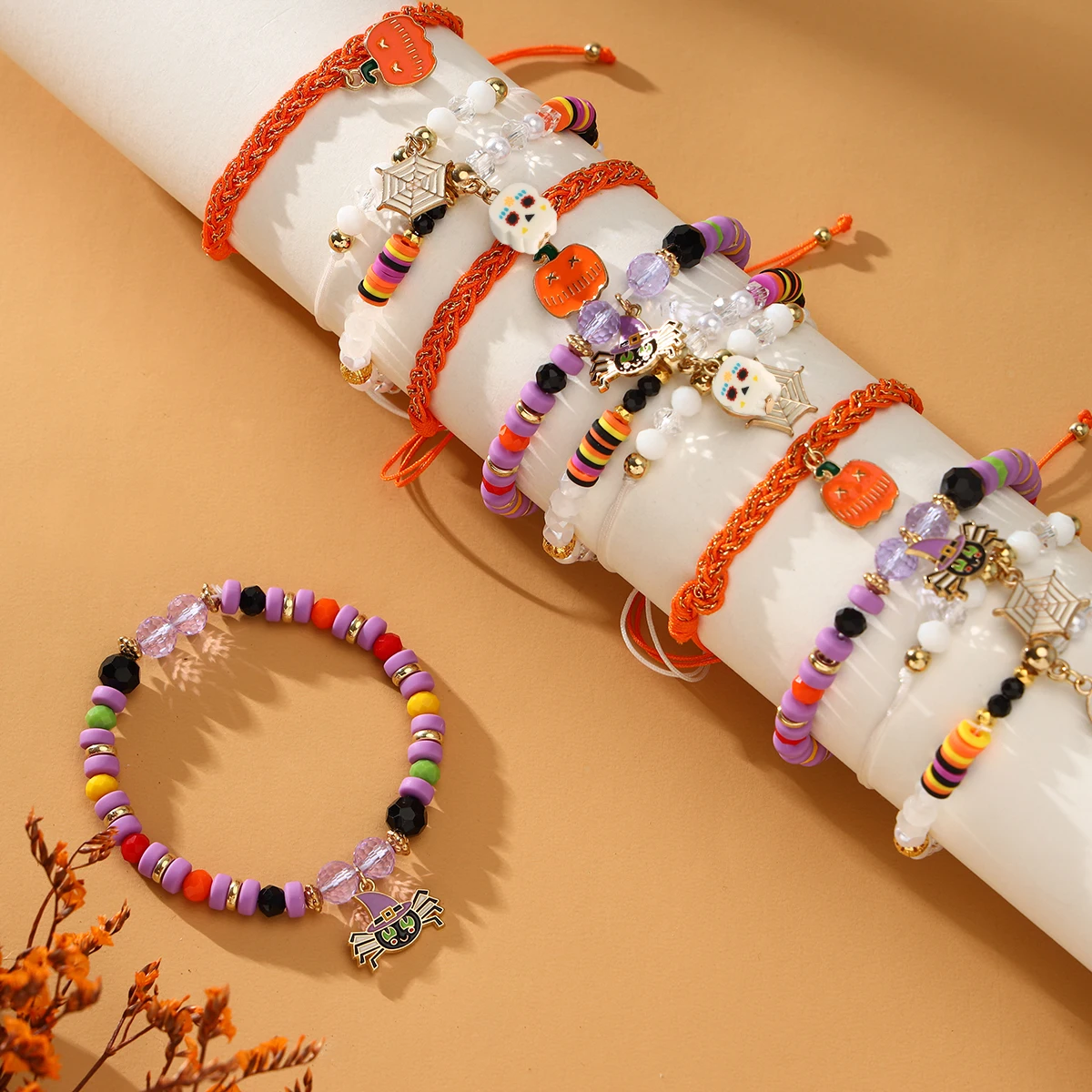 12 Piece New Halloween Bat Spider Pumpkin Woven Adjustable Bracelet Set Suitable for Halloween Carnival (Color Random)