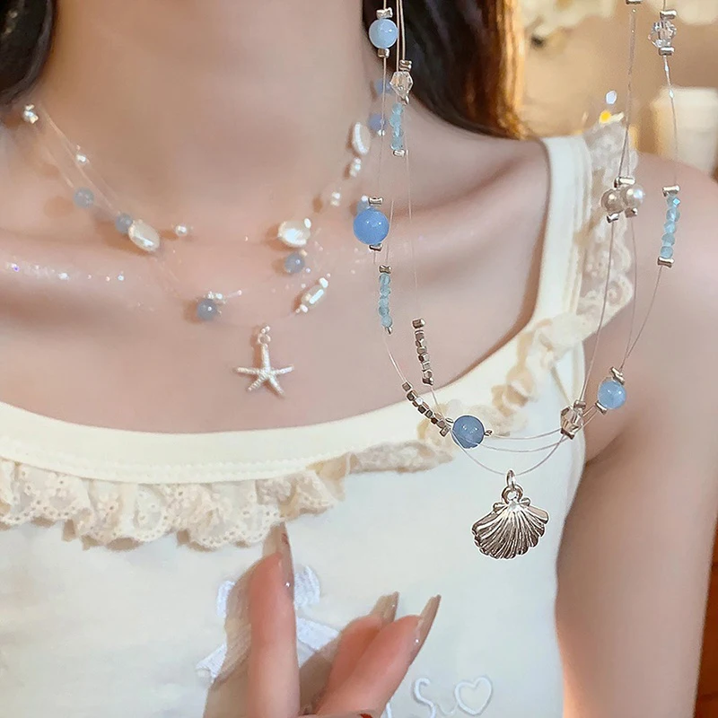 Collar de concha de estrella de mar, collar con colgante de estilo de vacaciones en la playa para mujer, cadena de clavícula a la moda, regalo de joyería dulce de verano