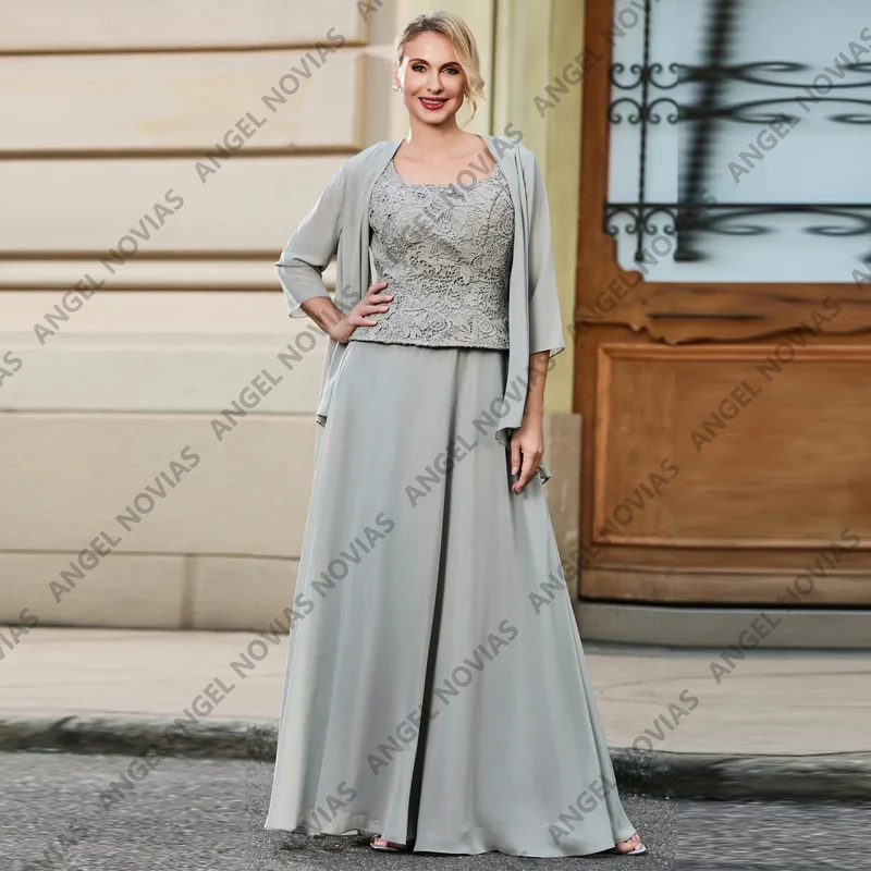 

Customized Long Silver Mother of the Bride Dresses with Jacket Chiffon Wedding Party Dress vestido para boda madre de la novia