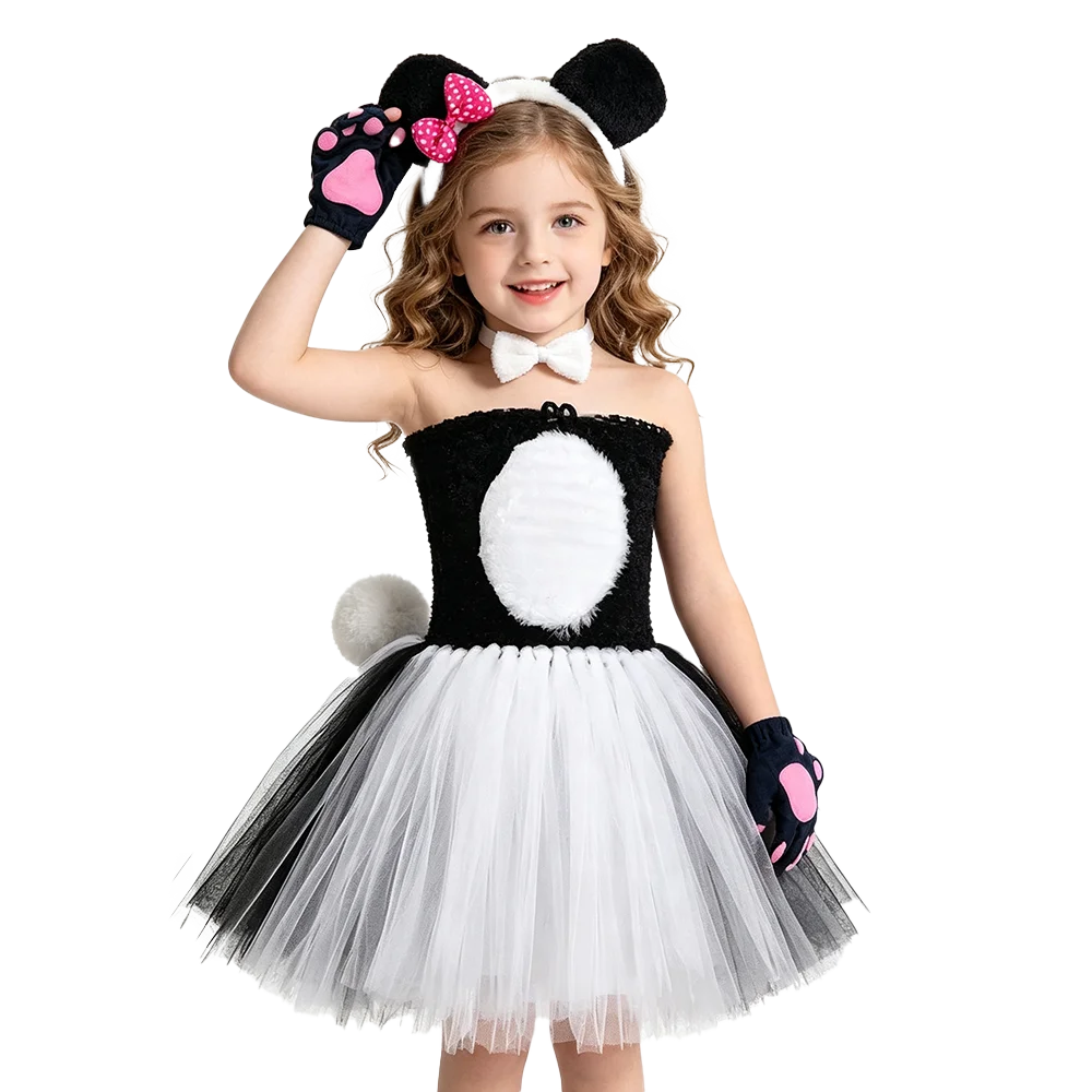 Black White Panda Costumes for Girls Animal Halloween Tutu Dress Kids Birthday Party Photo Prop Outfit with Ears Bowtie Tail