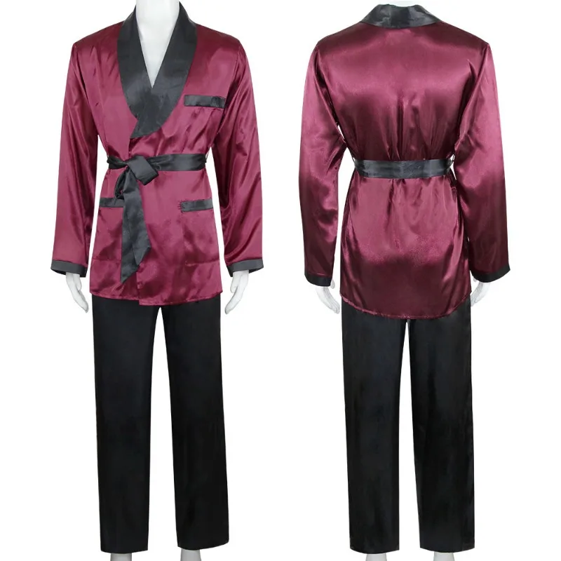 Men's Satiny Smoking Jacket Robe Nightwear Sleepwear Summer Long Sleeves V-Neck House Kimono Bathrobe with Belt Spa Bathing Suit