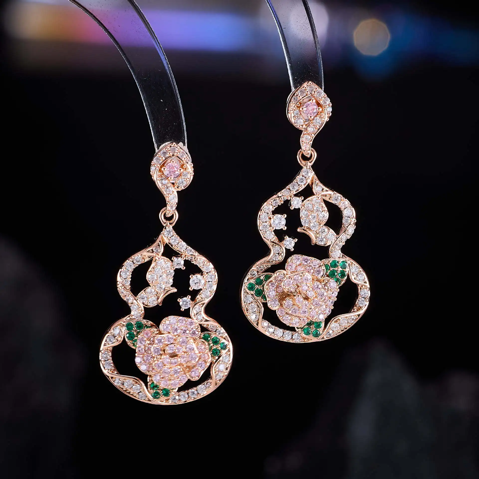 Vintage Zircon Hollow Rose Gourd Earrings 925 Silver Post Light Luxury Niche for Women