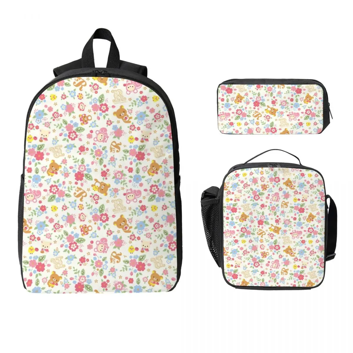 

Cute Rilakkuma Flower Pattern Backpack Boys Girls BookBag School Bag Computer Shoulder Bags 3ps Insulated Lunch Bag Pencil Case
