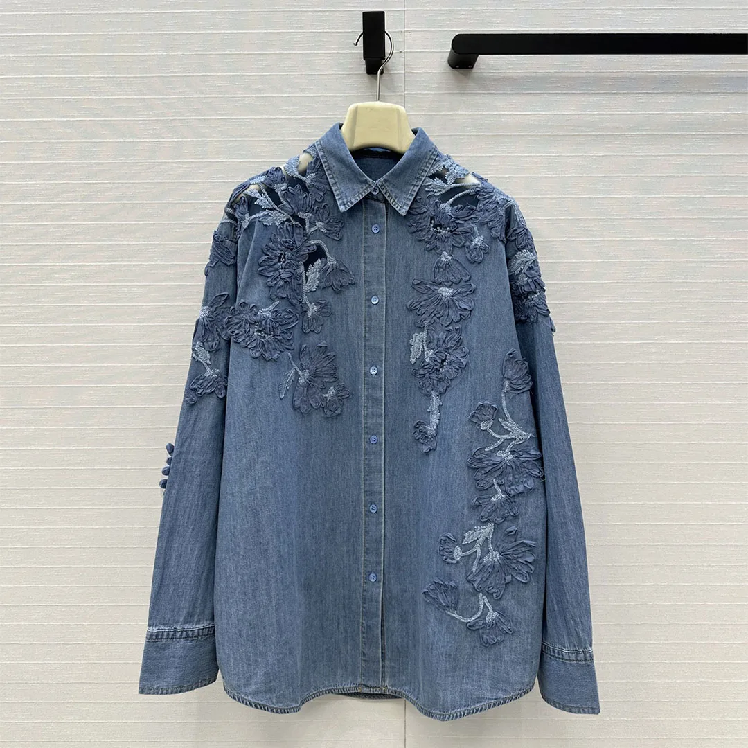 

Французская элегантная женская новинка 2025, осенняя хлопковая рубашка, женская свободная длинная блузка с 3D цветочной вышивкой и лацканами с длинными рукавами