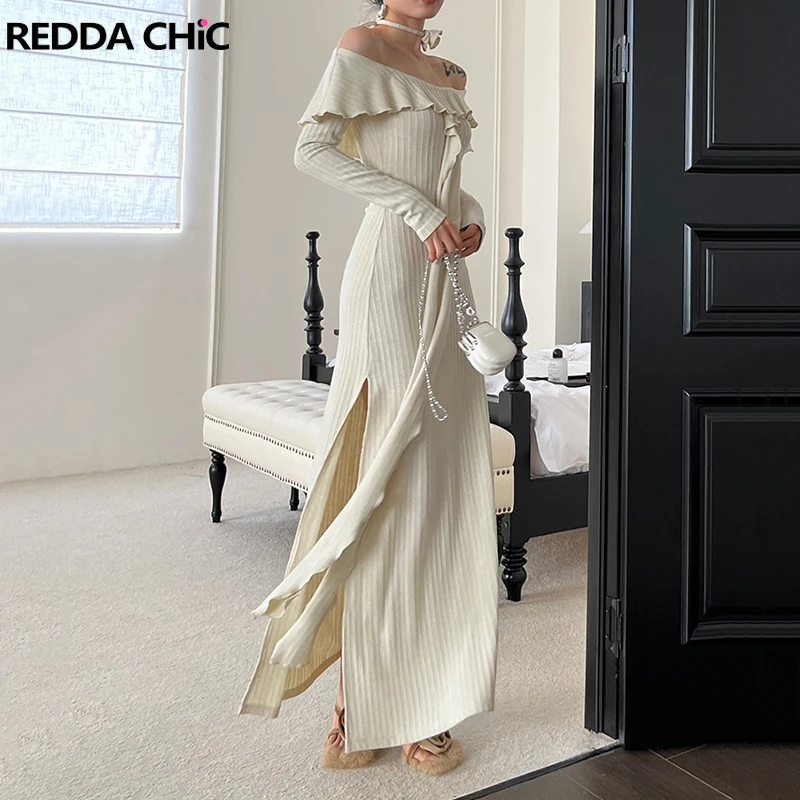 REDDACHiC Off-spalla maniche lunghe in maglia Maxi vestito donna fiore bianco Choker fessura laterale bella ed elegante Flowy Ruffle One piece