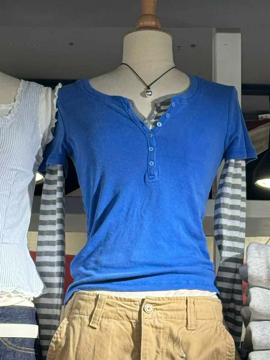Six Buttons Electric Blue T-shirts Women Simple All-match O-neck Cotton Slim Short Sleeve Tee Tops Vintage Sweet Casual Tshirts