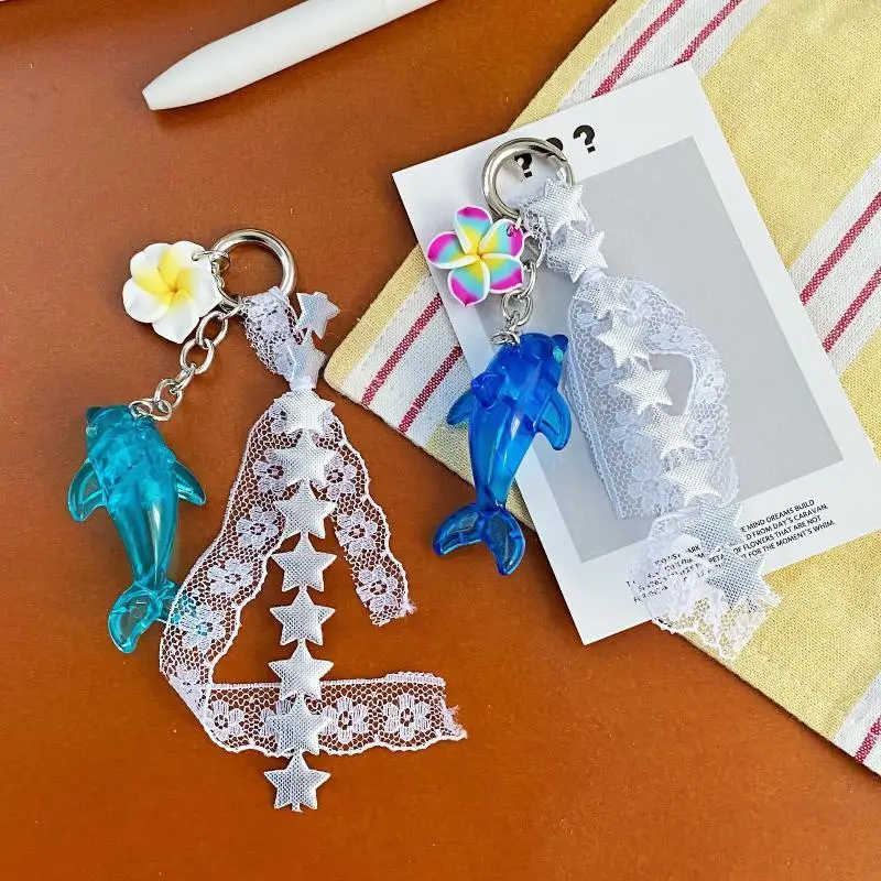 1Pcs Cute Retro Dolphin Lace Flower Bag Charm Y2K Summer Beach Ocean Tassel Keyring Phone Lanyard Backpack Purse No Break