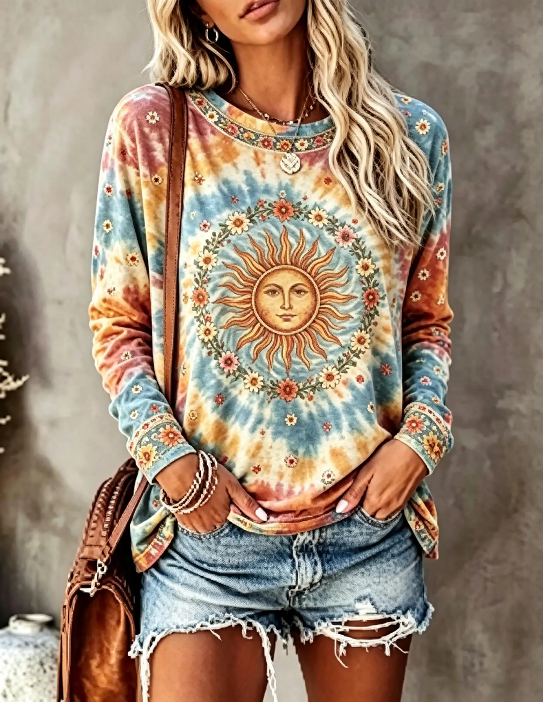 Women Long Sleeve T‑Shirt Tie‑Dye Butterfly Daisy Hippie Print Crew Neck Loose Casual Daily Tops