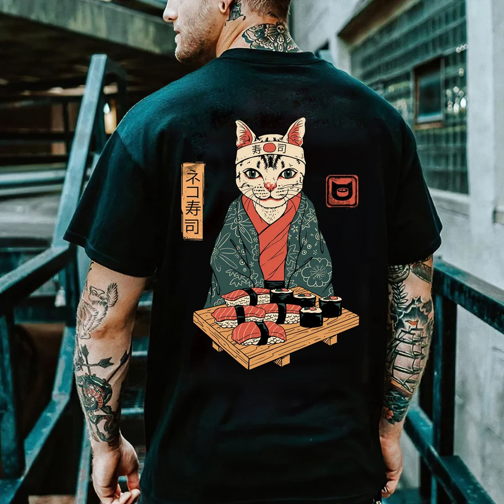 Japan Samurai Cat Harajuku Men\'s T Shirt Summer Street Trend Black Tee Leisure O-neck Short Sleeve Top Oversized Vintage Clothes